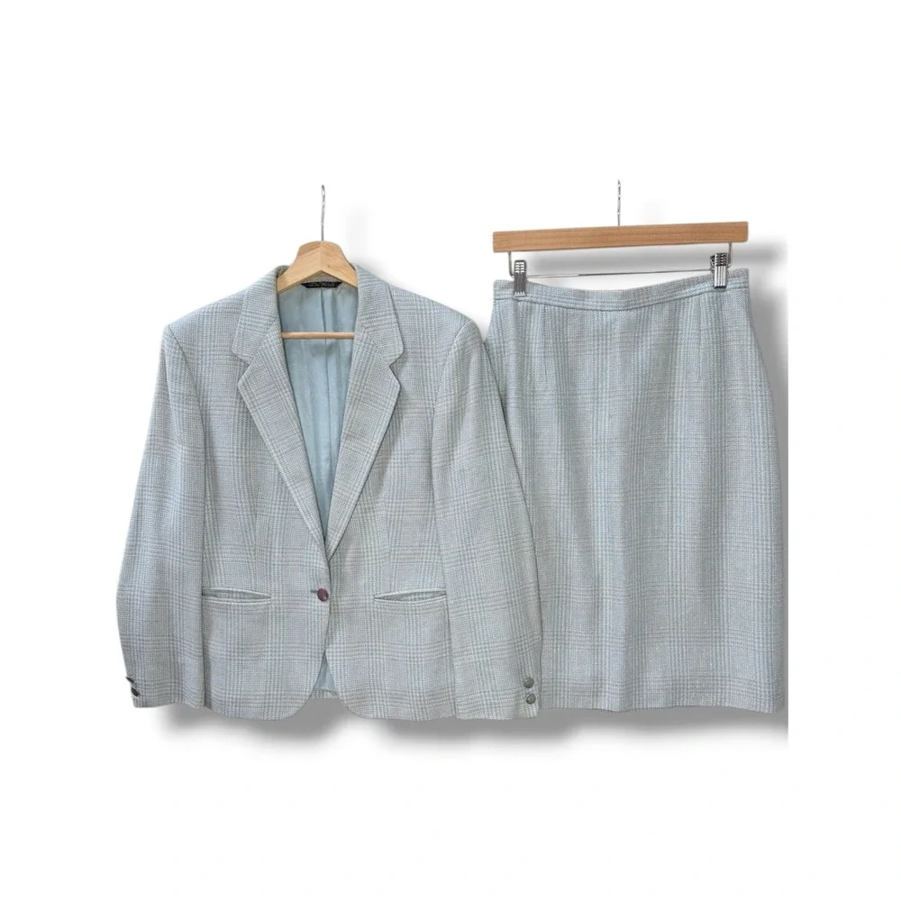 Lady Brookshire Vintage 100% Silk Skirt Suit Blue Plaid Herringbone Blazer Sz 14